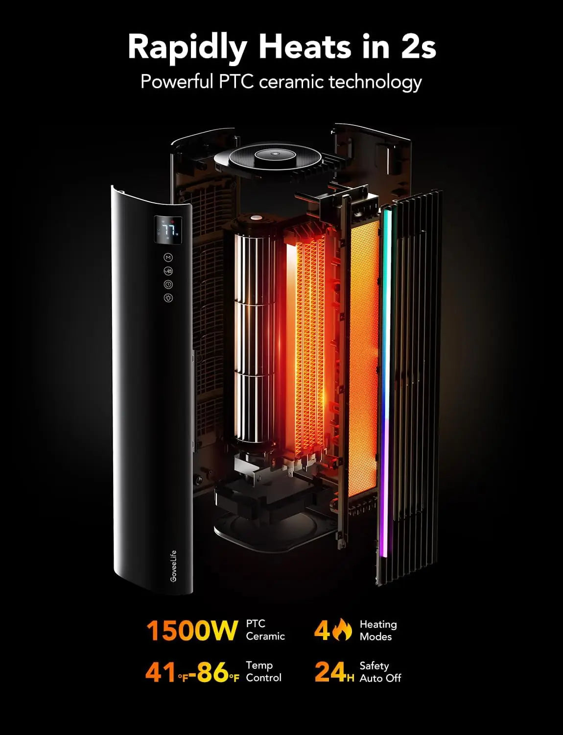 Large Room, Smart Oscillating Ceramic Tower Heater with Thermostat, App & Voice Remote, Auto Mode