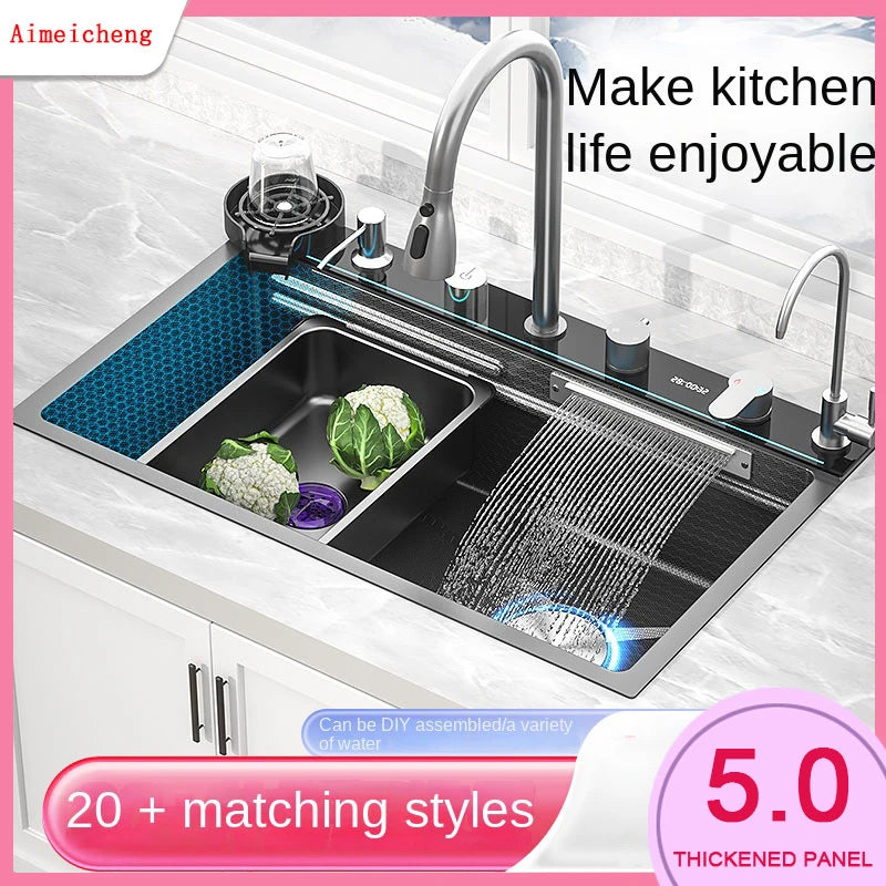 304 Stainless Steel Kitchen Waterfall Sink Digital Display Large Single Sink Dish Basin Sink With Multifunction Touch Waterfall