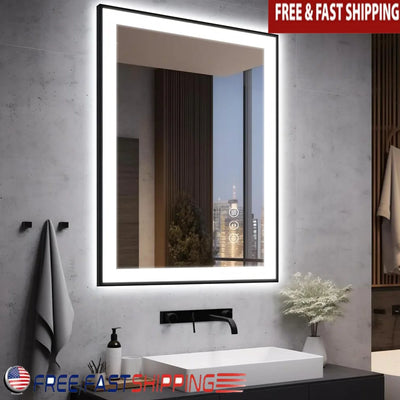 Bathroom Vanity Mirror LED 28x36 Black Aluminum Frame Stepless Dimmable Anti-Fog Touch Sensor