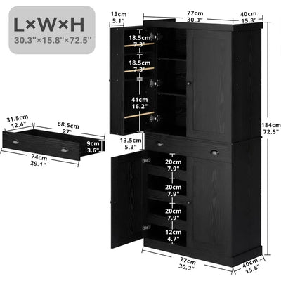 Kitchen Pantry Cabinet 72" Height, Freestanding Cupboard with Drawer, Sliding Storage Rack,and 6 Hanging Shelves for Dining Room