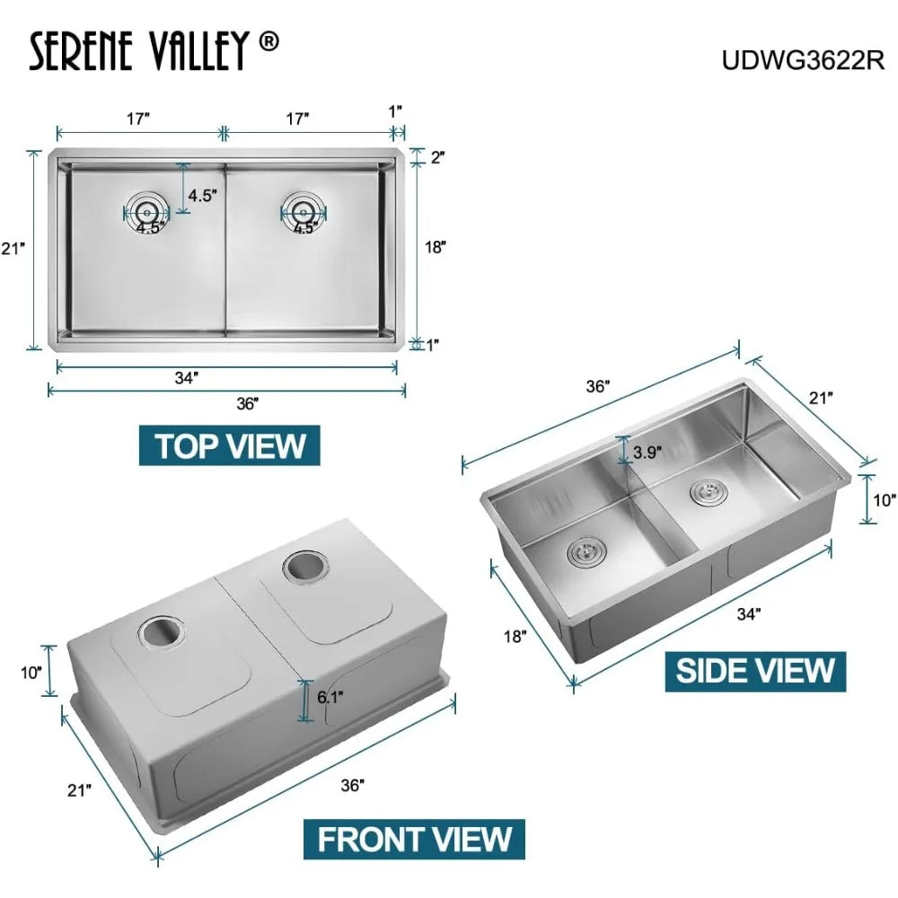 Workstation Kitchen Sink, 36-inch Double-Bowl Undermount, Cutting Board, Unique Thin Divider and Heavy-Duty Grids UDWG3622R