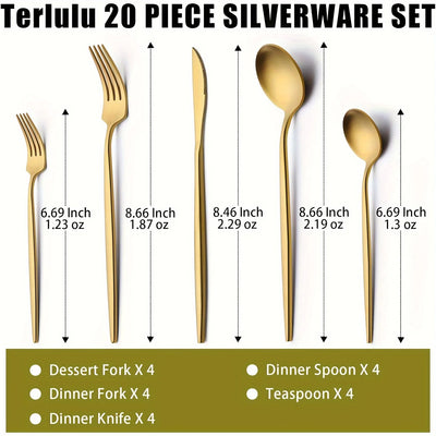 20 Piece Gold Silverware Set for 4, Stainless Steel Flatware Set, Gold Cutlery Set Utensils Set,Tableware Include Forks Knivesn