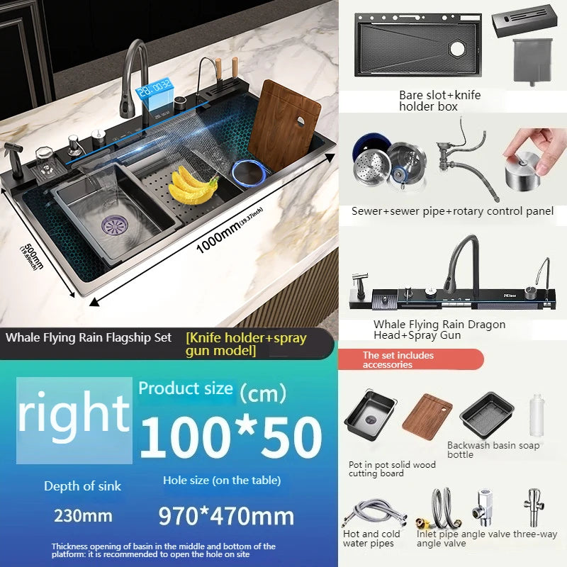 Stainless Steel Kitchen Sink With Waterfall 100x50cm Extra Large Single Bowl Digital Display Multifunctional Dishwashing Sinks