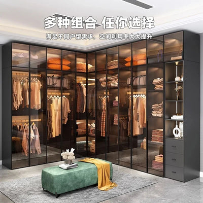 Solid wood wardrobe, bedroom home glass door L-shaped modern light luxury corner cloakroom storage cabinet combination wardrobe