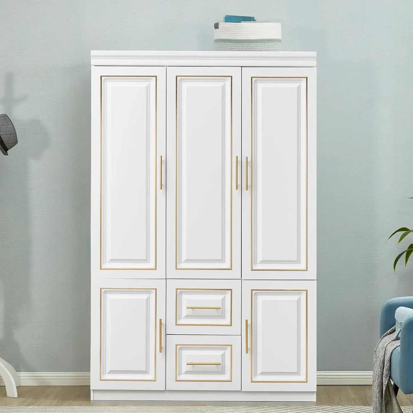 74" H Freestanding Clothes Storage Closet Bedroom Armoires Wood Wardrobe Storage Closet Cabinet with Hanging Rod Shelf 2 Drawers