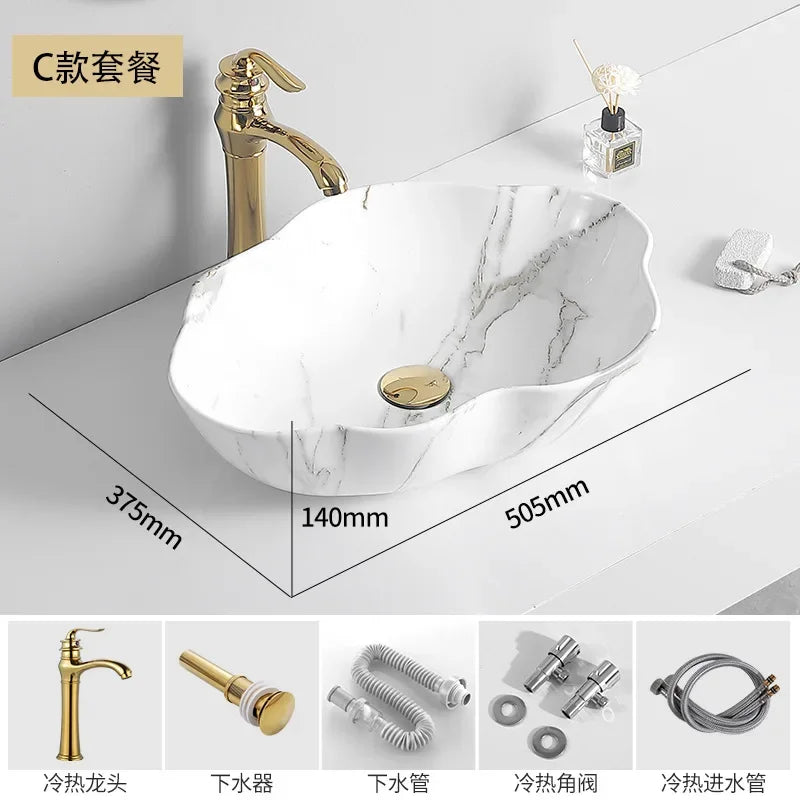 Ceramic Washbasin Marble Pattern Countertop Sinks Luxury Hotel Art Basin Flower Shape Bathroom Hand Wash Vessel Sink 50*37*14cm