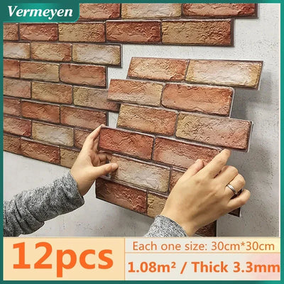 12pcs 3D Brick Wall Sticker Self-Adhesive PVC Wallpaper Waterproof Kitchen DIY Home Decor