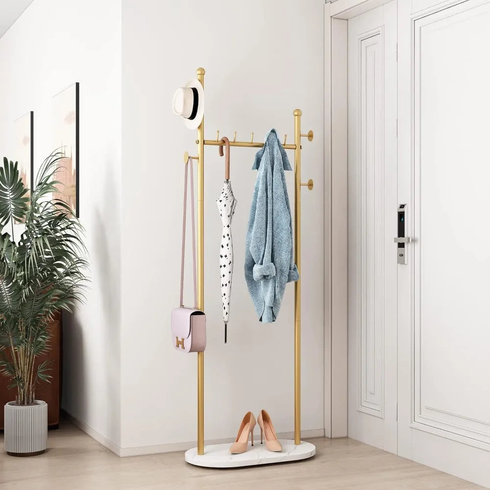 Gold Clothing Racks with Marble Base Modern Gold Coat Racks Freestanding Gold Clothes Rack with Shelves for Bedroom