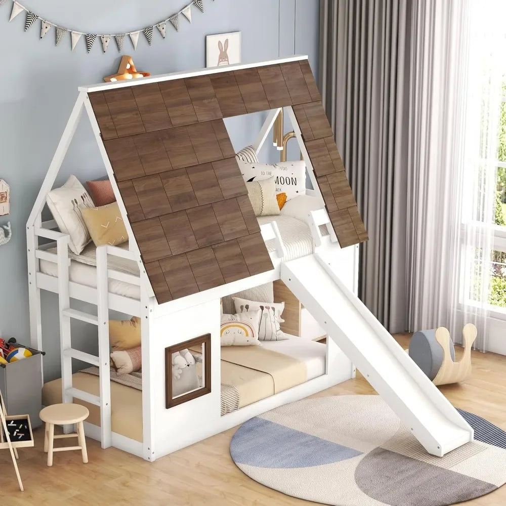 Bunk Bed, Twin Over Twin House Bunk Bed Frame with Roof, Window, Ladder and Slide for Boys Girls, Children Beds