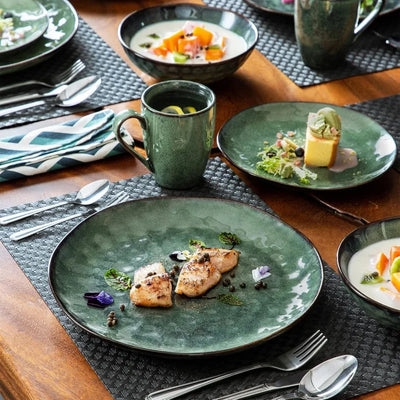 Starry 16 Pieces Green Dinnerware Set, Reactive Change Glaze Dinner Set, Plates and Bowls Set