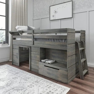 Modern Farmhouse Low Loft Bed, Twin Bed Frame for Kids with 2 Bookcases, Easy To Assembly, Bedroom Furniture Children Beds