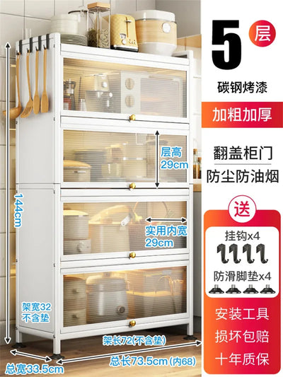 Modern Carbon Steel Kitchen Cabinets Home Storage Cabinet Multi-functional Multi-layer Microwave Oven Floor Rack with Flip Door