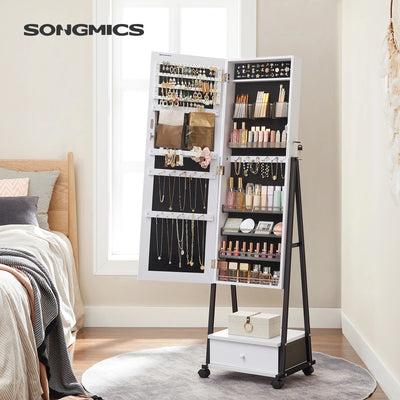 SONGMICS Jewelry Cabinet Floor Standing, Lockable Jewelry Organizer with High Full-Length Mirror, Bottom Drawer, Shelf, Wheels