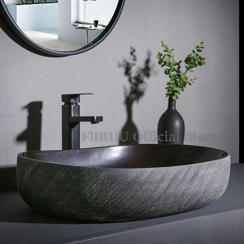 Ceramic Bathroom Vessel Sink Bowl Above Counter Art Single Sink Drain Lavatory Wash Hand Basin Household Countertop Wash Basin