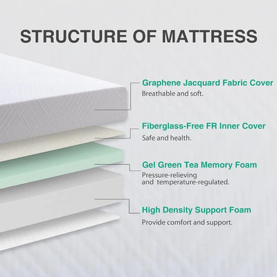 Full Size Mattress - 8" Green Tea Memory Foam Mattress - CertiPUR-US Certified Fiberglass-free mattress - Cooling gel layer