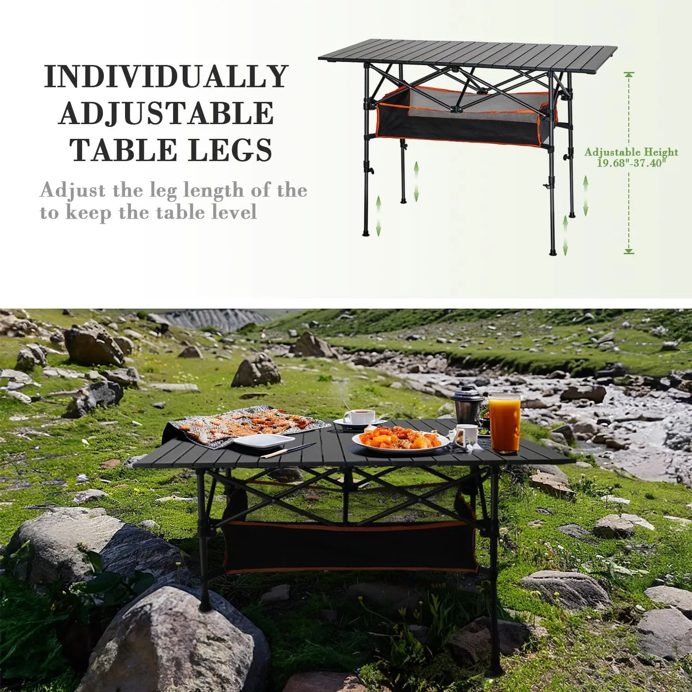 Acode Folding Camping Table, Portable Aluminum Roll-Up Picnic Table With Adjustable Height, Large Storage Bag And Carrying Bag,