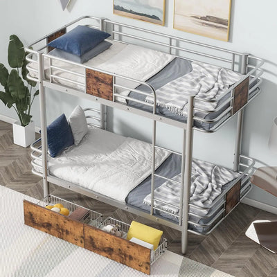 Metal Bunk Bed with Trundle, Twin Over Twin Bunk Bed Frame with Safety Guard Rails for Kids, No Box Spring Needed, Children Beds