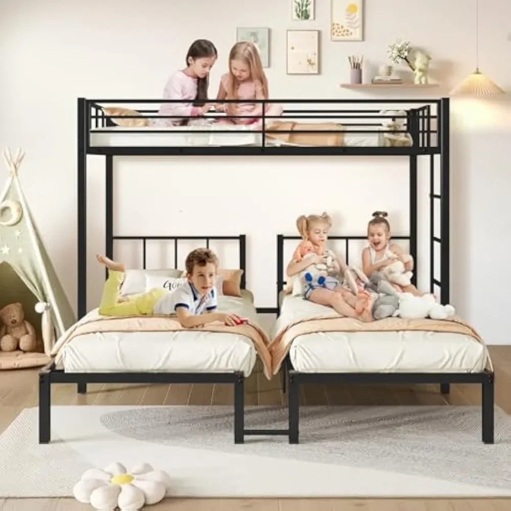 Twin Over Twin & Twin Bunk Beds for 3, Triple Bunk Bed for 3 with Guardrails, Ladder & Upper-Bed Platform, for Children