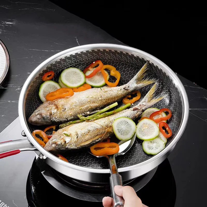 22/28/30CM Frying Pan Food Grade Non Stick Pan Honeycomb Pot Bottom Induction Cooker Gas Stove General Wok 316 Stainless Steel