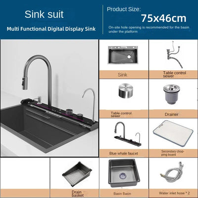 304 Stainless Steel Waterfall Kitchen Sink Large Single Slot Integrated Digital Display Faucet Set Soap Dispenser Cup Washer