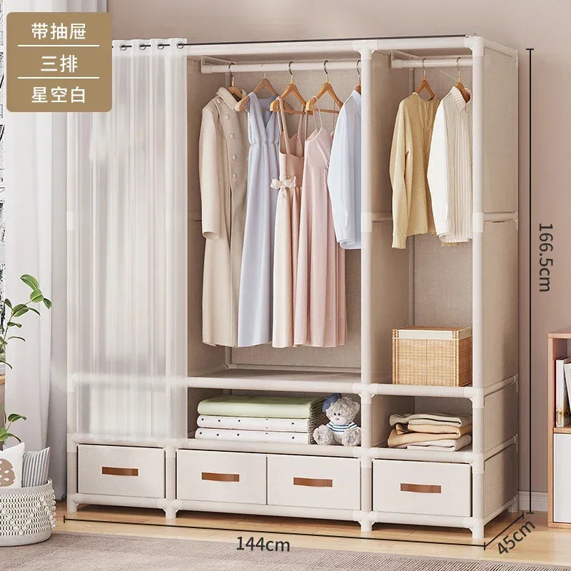 Simple Assembly Wardrobe with Drawer, Dustproof Bedroom Clothing Storage Cabinet, Home Organizer Shelves, Easy Access