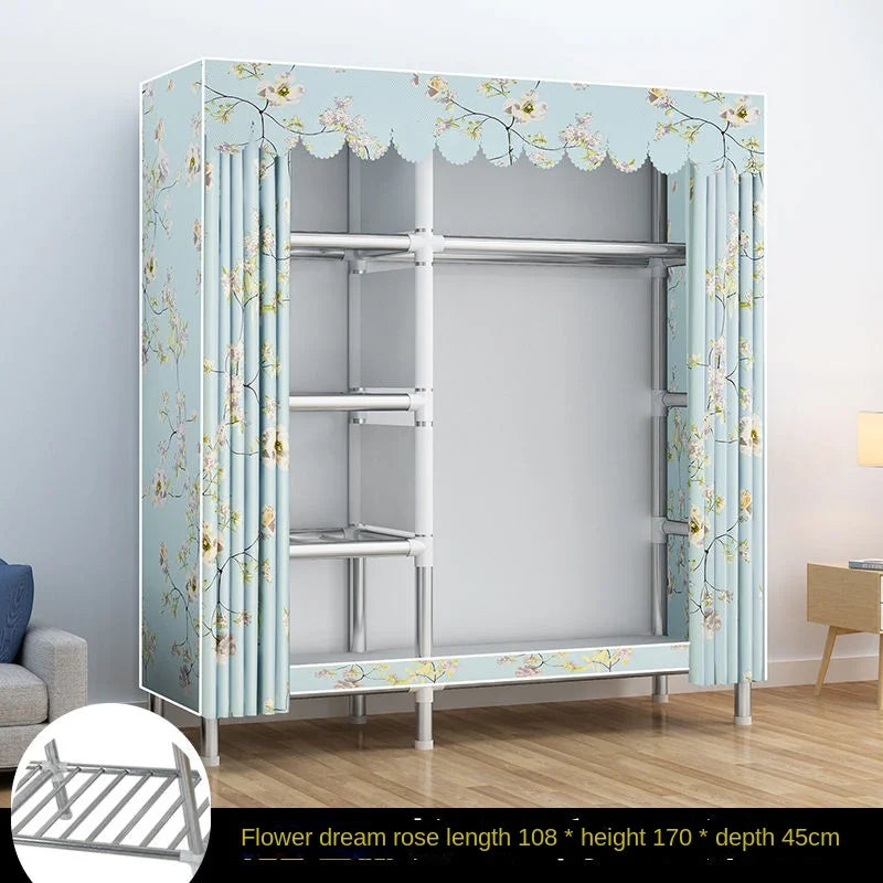 Simple Wardrobe Cloth Closet Furniture For Home Household Bedroom Assembly Cabinet Steel Pipe Reinforced Storage Rack Wardrobe