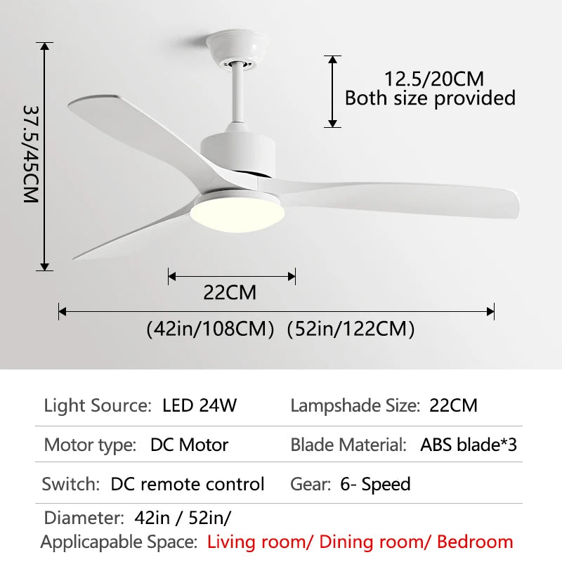 36/42/52 Inch white Black 3 ABS Blade Pure Copper DC 30W Motor Ceiling Fan With 24W LED Light Support Remote Control