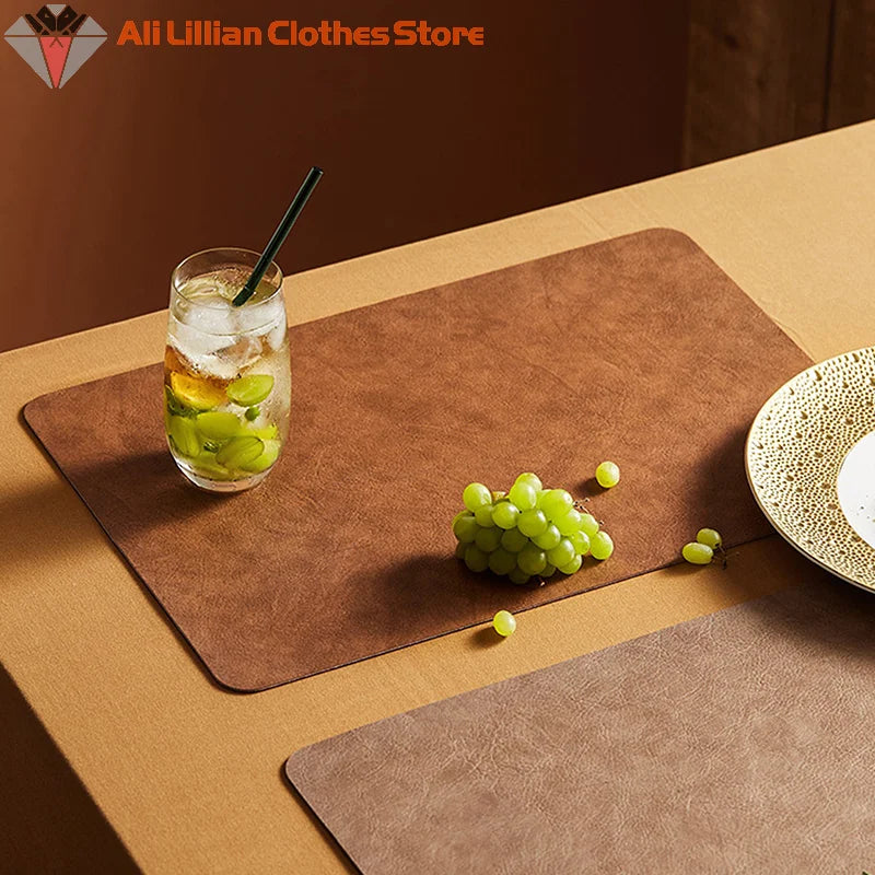 1pcs Light Luxury Solid Leather Placemat Coffee Brown PU Table Mat Waterproof Oilproof Heat-Insulated Plate Bowl Pad Table Decor