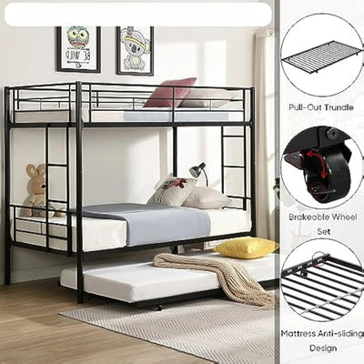 Twin Over Twin Bunk Bed Frame ,Metal Bunk Bed Bedframe with Guard Rail and 2 Ladders for Adults,Can be Divided into 3 Beds