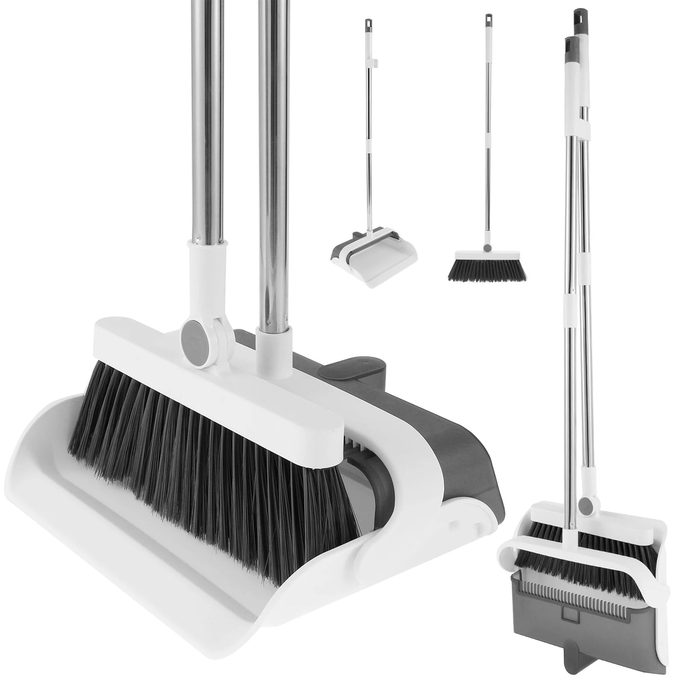 Broom Foldabl Dustpan Cleaning Tool Set Comb Teeth 180° Rotation Combo Upright Standing Portable Kitchen Floor Pet Hair