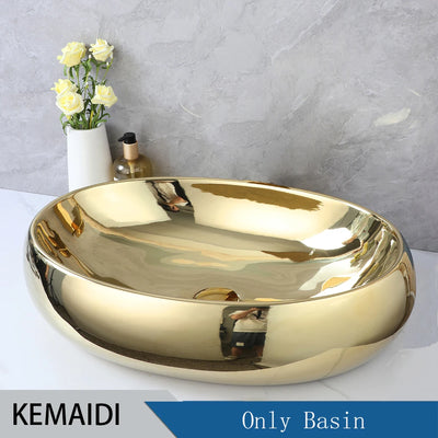 KEMAIDI Luxury 23 Inch Bathroom Vessel Sink Gold Ceramic Sinks Above Counter Oval Bathroom Sink with Gold Waterfall Faucet Mixer