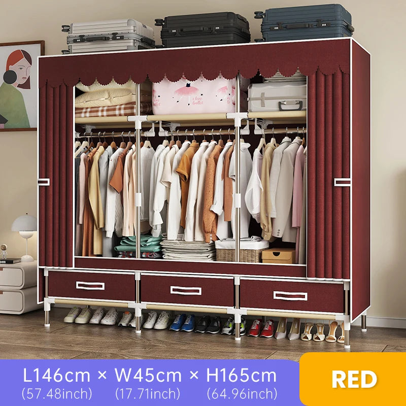 Wardrobe, home bedroom, easy assembly, wardrobe, steel pipe, sturdy and durable, rental room with drawer cabinet