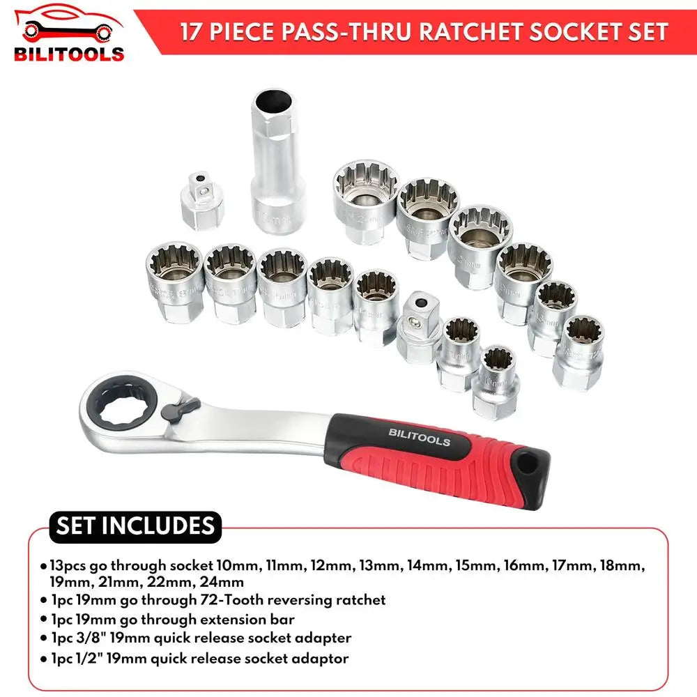 17-Piece Universal Pass Through Socket Set Mechanics Tool Hex 3/8" 1/2" Dr. Ratchet Wrench Kit Hexagonal Go-Thru Spline Drive