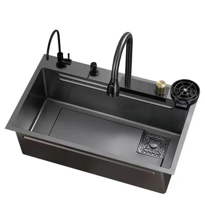 304 stainless steel waterfall style kitchen sink, single sink faucet set, soap cup cleaning machine