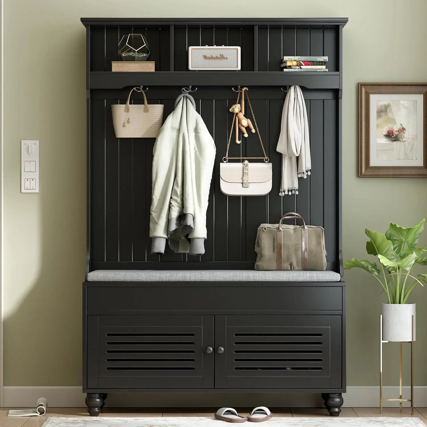 Coat Rack with Storage Bench, Shoe Cabinet with Cube Storage & Shelves, Hall Tree with 8 Hooks for Entryways, Clothes Racks