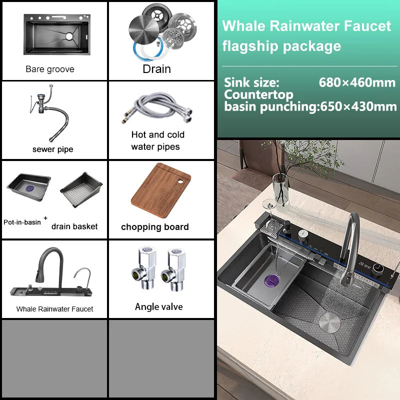 Stainless Steel Waterfall Kitchen Sink Embossed Extra Large Single Slot Digital Display Multifunctional Oversized Sinks 100x50cm