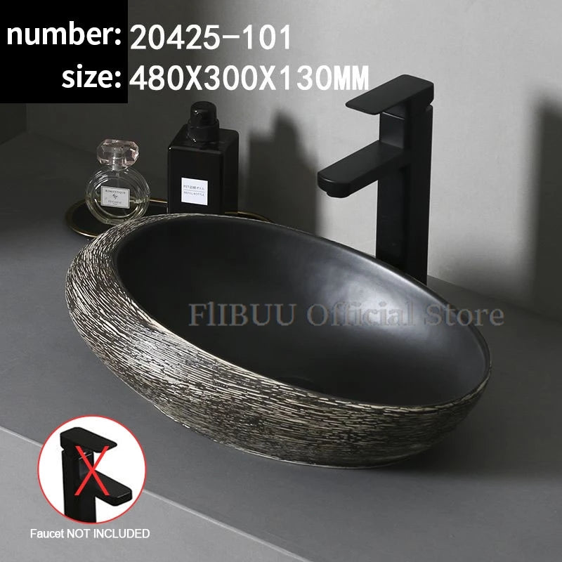 Ceramic Bathroom Vessel Sink Bowl Above Counter Art Single Sink Drain Lavatory Wash Hand Basin Household Countertop Wash Basin