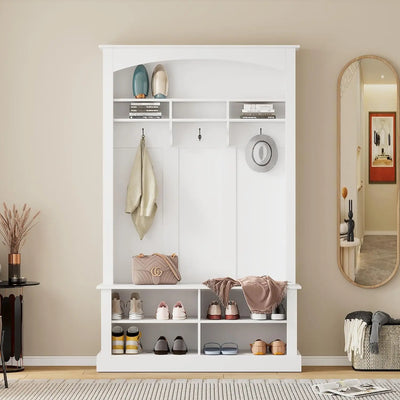 Coat Rack with Storage Bench, Shoe Cabinet with Cube Storage & Shelves, Hall Tree with 8 Hooks for Entryways, Clothes Racks