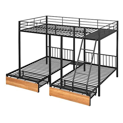 Metal Full/Twin Triple Bunk Bed with Guardrails & Drawers Triple Bunk Bed Frame 3 Kids Space-Saving Noise-Free No Box Spring