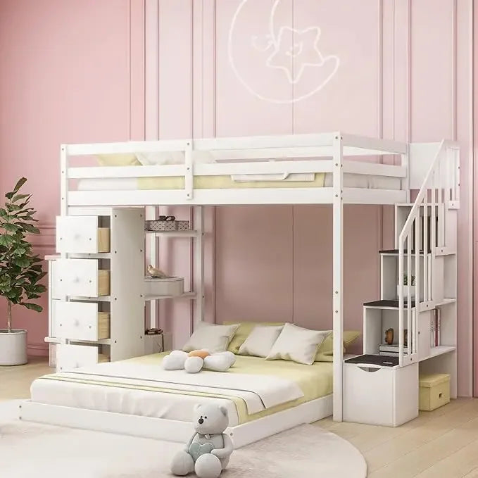 Bunk Bed, Twin Over Twin House Bunk Bed Frame with Roof, Window, Ladder and Slide for Boys Girls, Children Beds