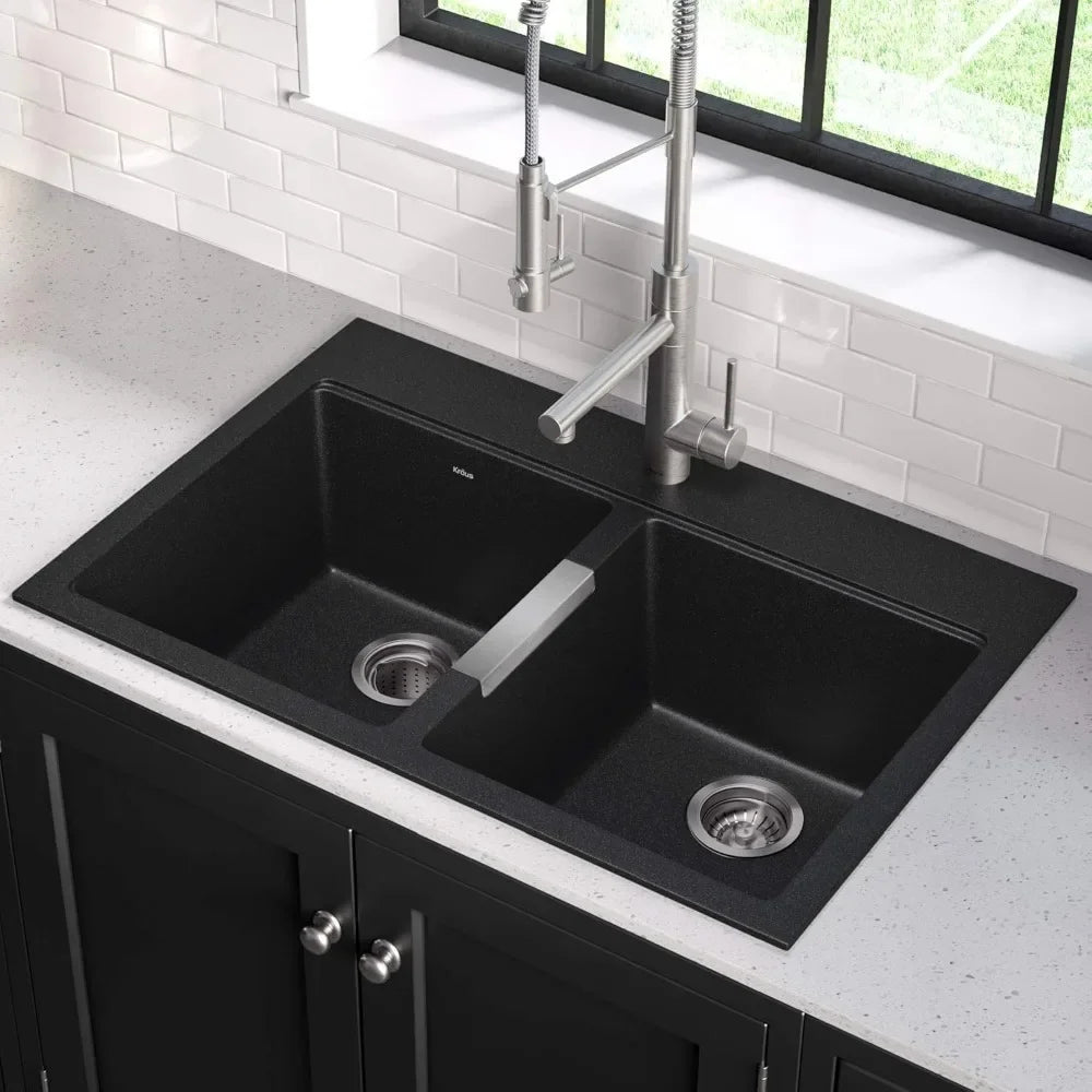 33 Inch Dual Mount 50/50 Double Bowl Granite Black Kitchen Sink W/Drop in And Undermount Kitchen Sink Installation