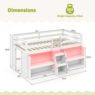 Low Loft Bed with LED Lights, Wooden Twin Loft Bed with Stairs&Safety Guardrail, Loft Bed Twin Size with Storage Bookcase(White)