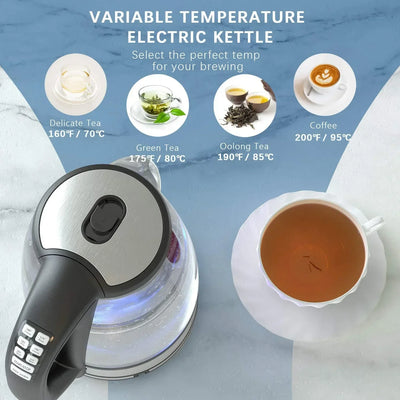 DEVISIB Electric Kettle Temperature Control 4Hours Keep Warm 2L Glass Tea Kettle 2200W Water Boiler LED Indicator Auto Shut-Off