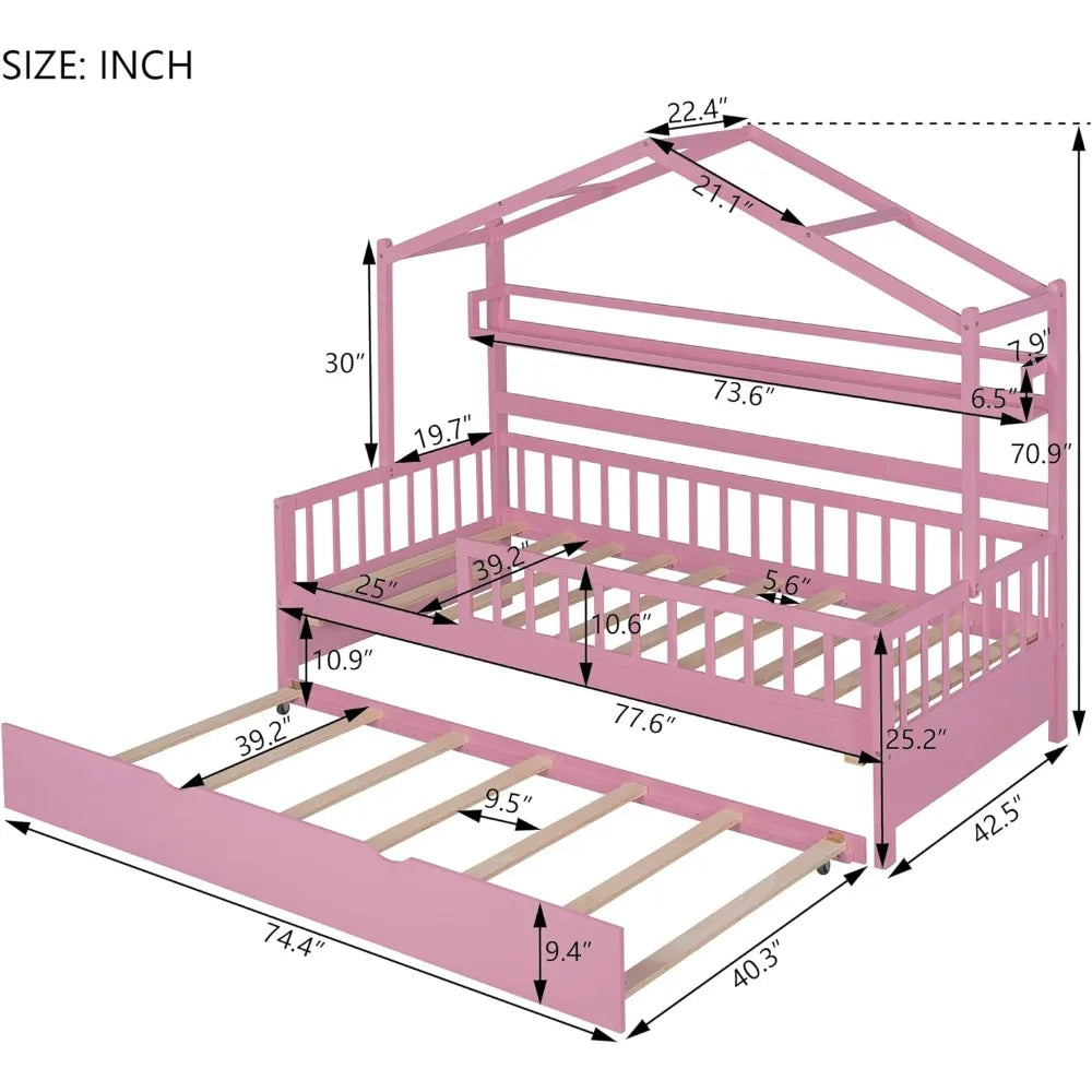 Twin Size House Bed Frame with Trundle,Bed Frame for Kids,House Bed Frame with Shelf for,Twin Size Daybed with Trundle with Slat