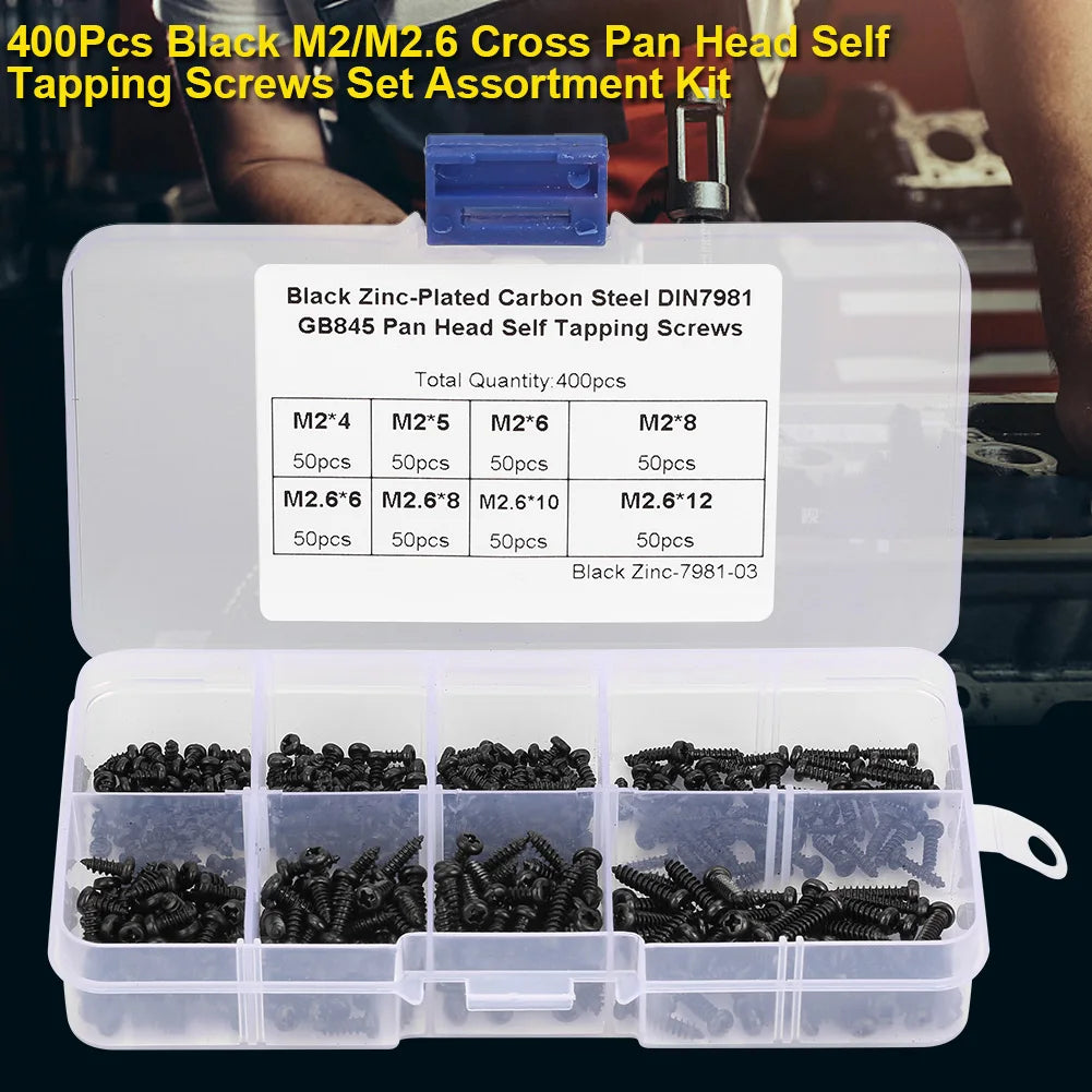 400Pcs Black M2/M2.6 Cross Pan Head Self Tapping Screws Set Assortment Kit Cross pan head self tapping screw set