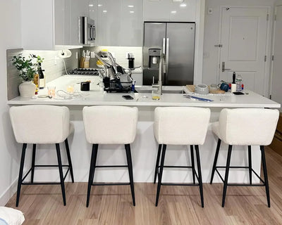 Modern Counter Height Bar Stools Set of 4, 26 Inch Faux Sherpa Upholstered Bar Stools with Back, 18" Seat Wide Island Stools