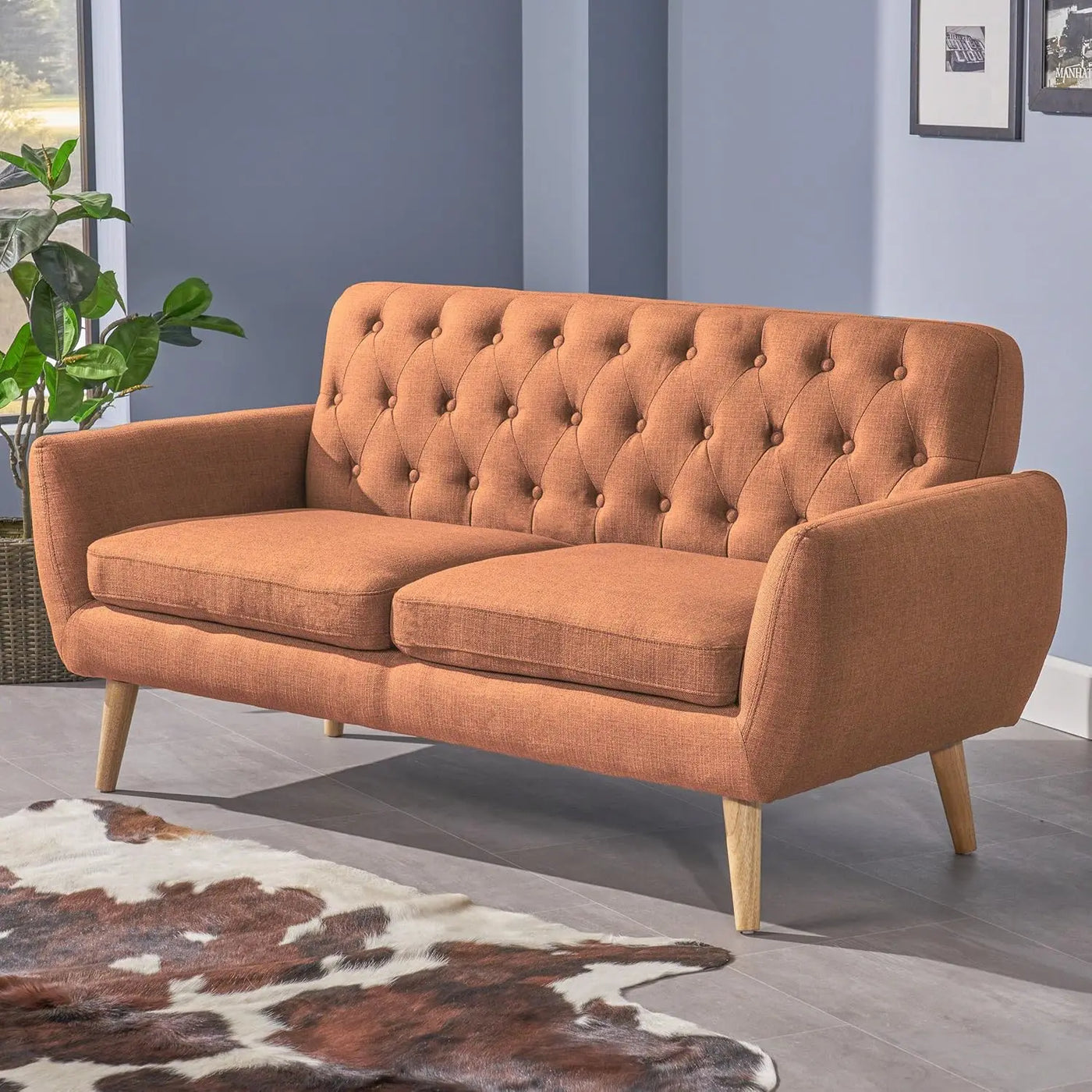 Mid-Century Modern Tufted Fabric Sofa, Burnt Orange / Natural