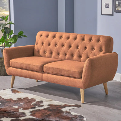 Mid-Century Modern Tufted Fabric Sofa, Burnt Orange / Natural