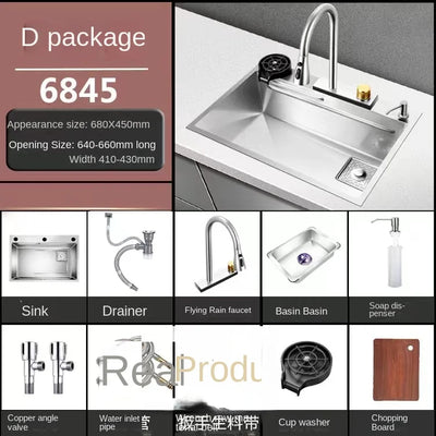 Waterfall Kitchen Sink 304 Stainless Steel Large Single Slot Above Mount Apron Front Waterfall Faucet Vegetable Basin Cup Washer