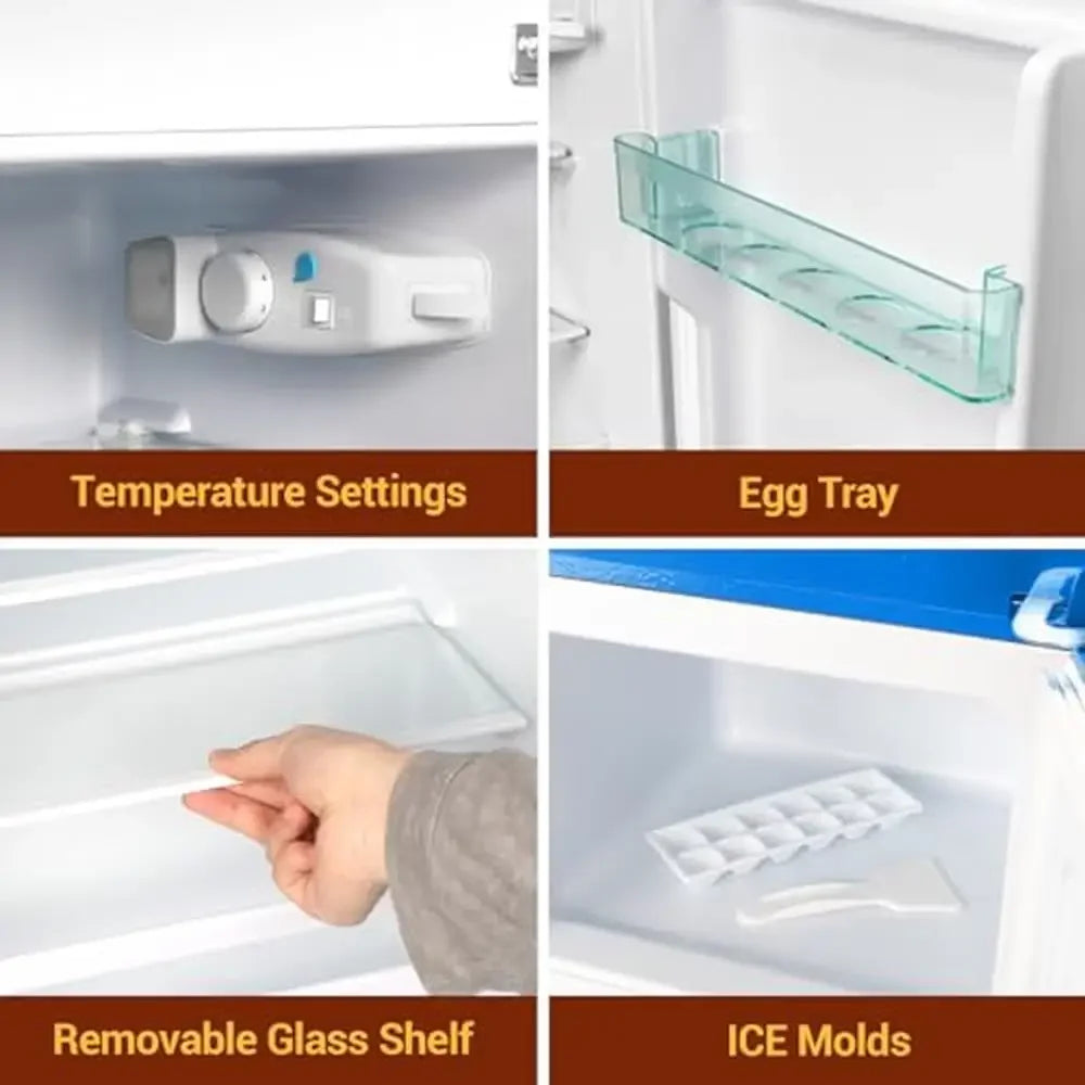 Compact Refrigerator Freezer Combo 3.2 cu. ft Blue Double Door Glass Shelf Ice Cube Trays 360° Cycle Refrigeration Cold Storage